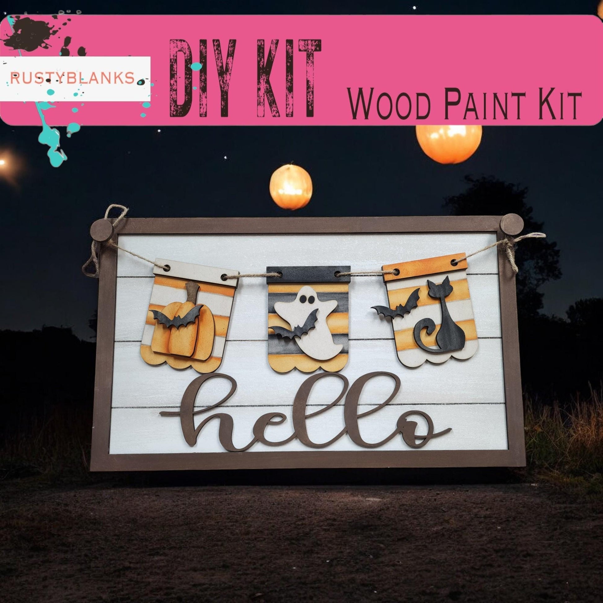 a wooden sign that says diy kit with pumpkins hanging from it