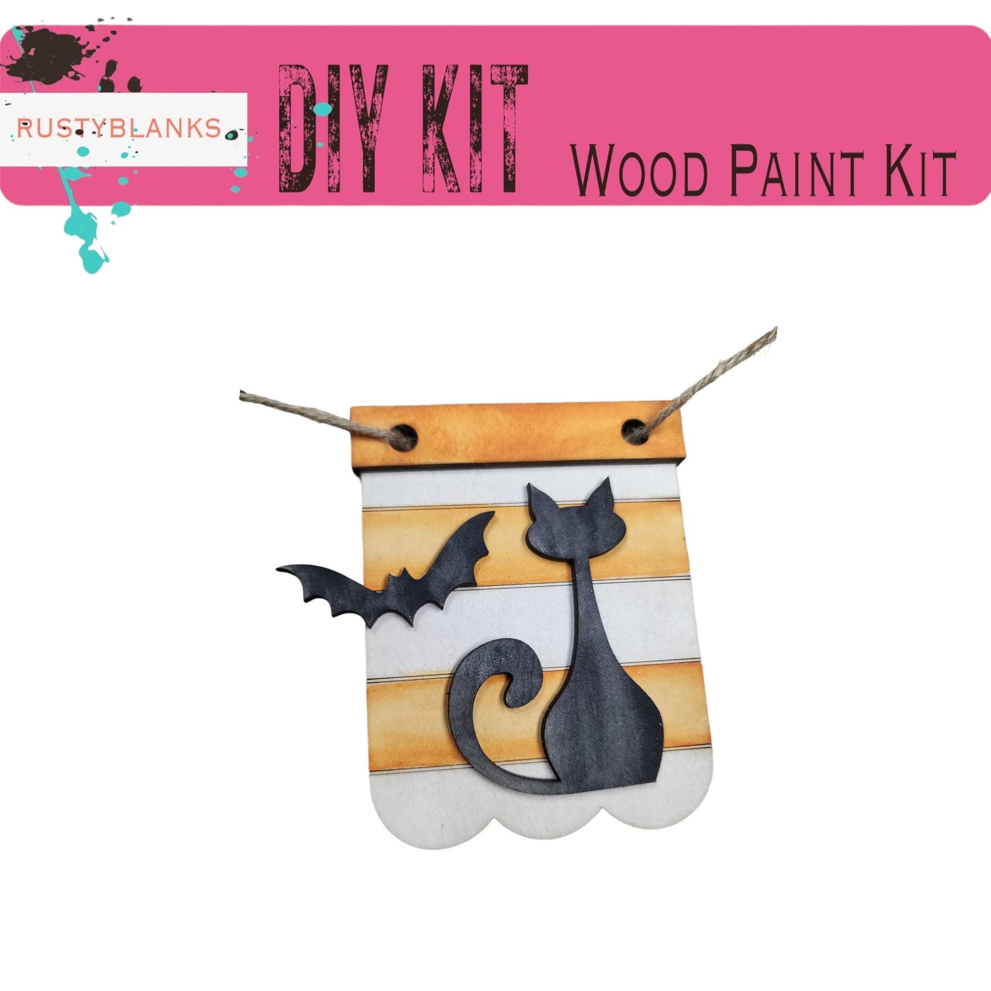 a picture of a wooden paint kit with a cat and a bat