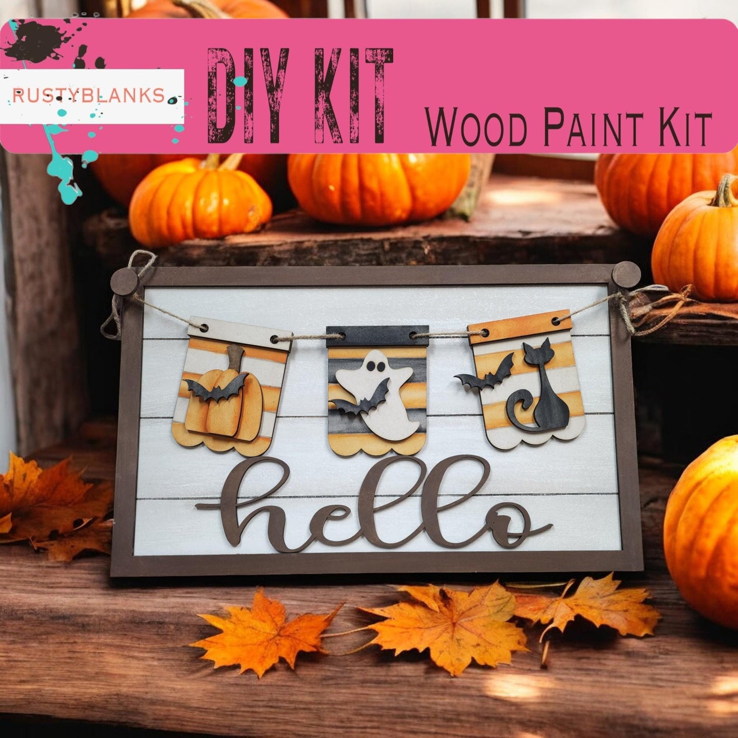 a wooden sign that says diy kit with pumpkins around it