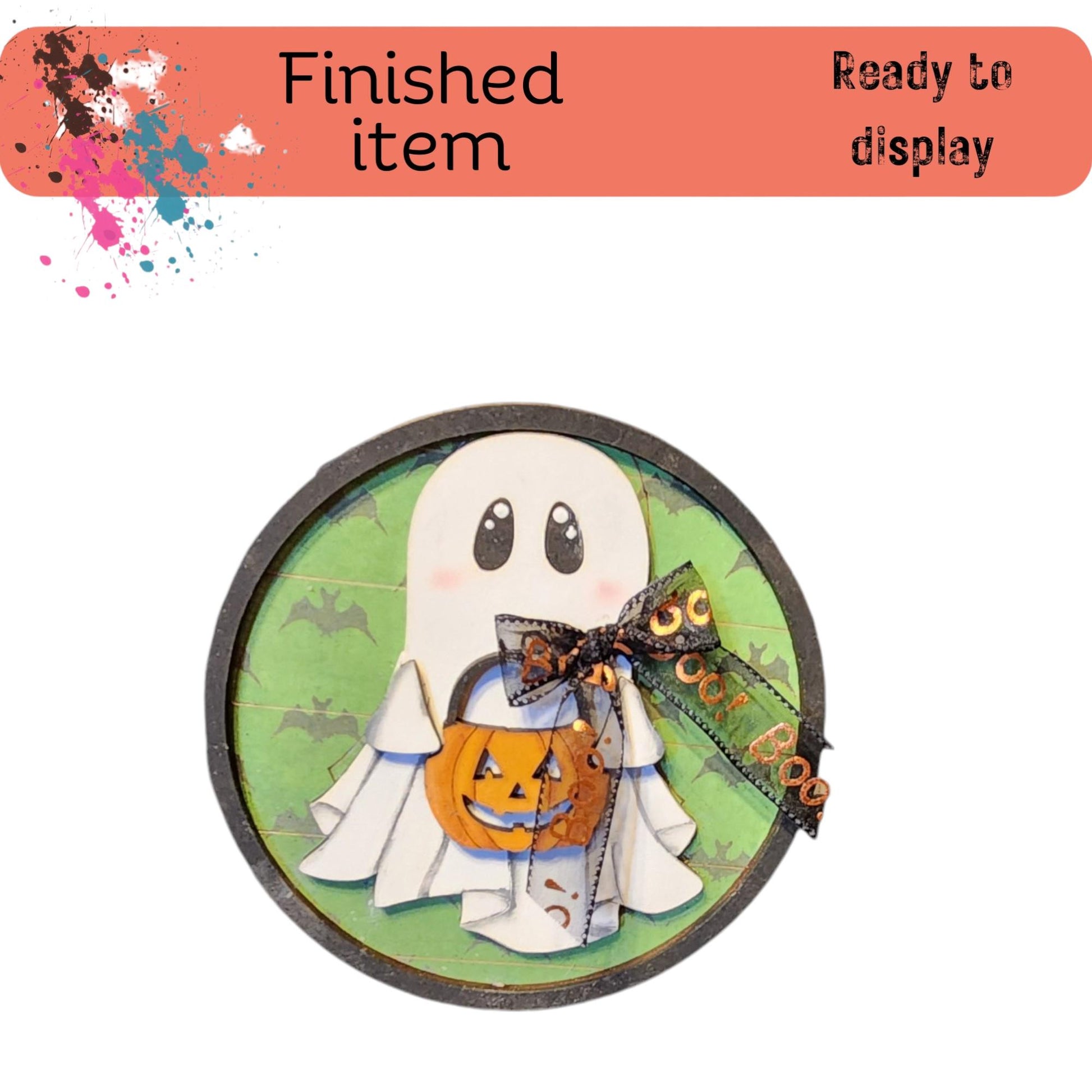 a clock with a ghost holding a pumpkin