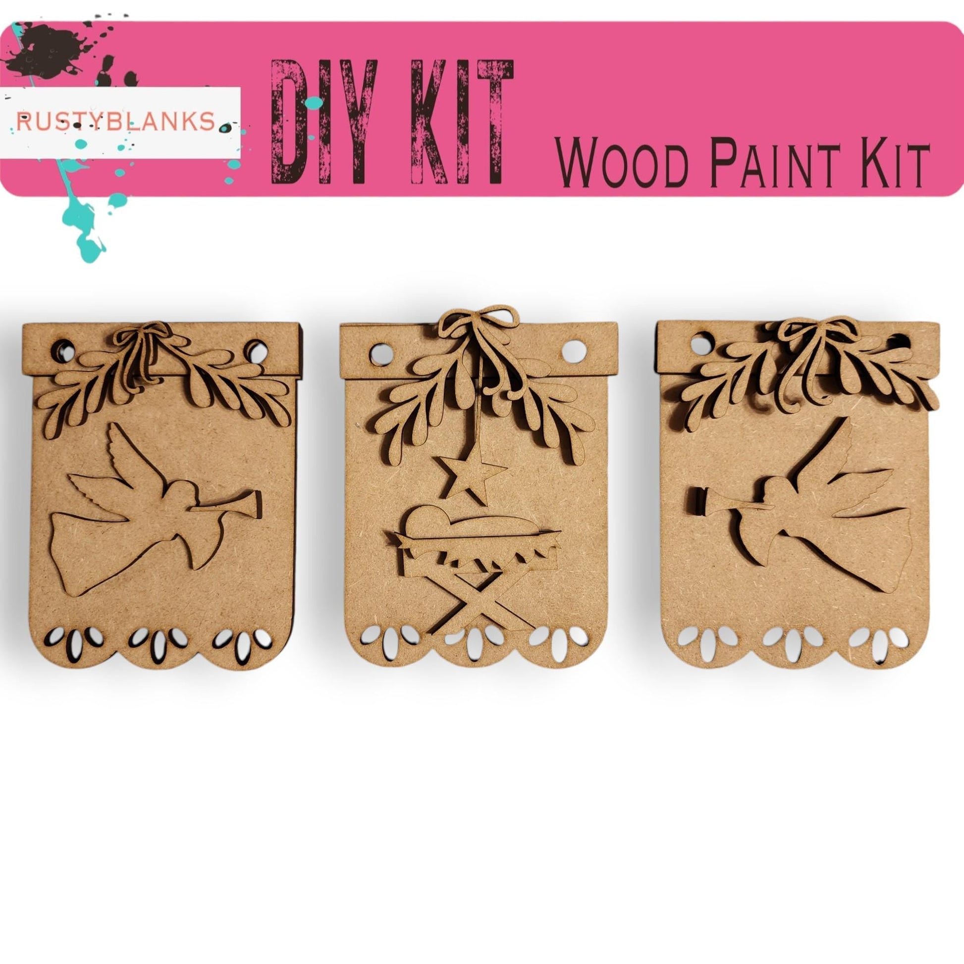 a set of three wooden tags with designs on them