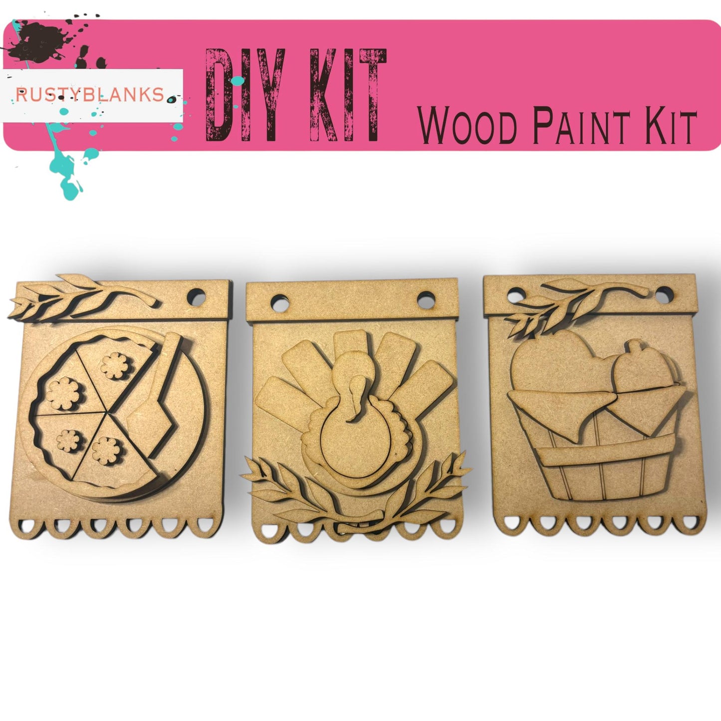 a set of three wooden cutouts with designs on them