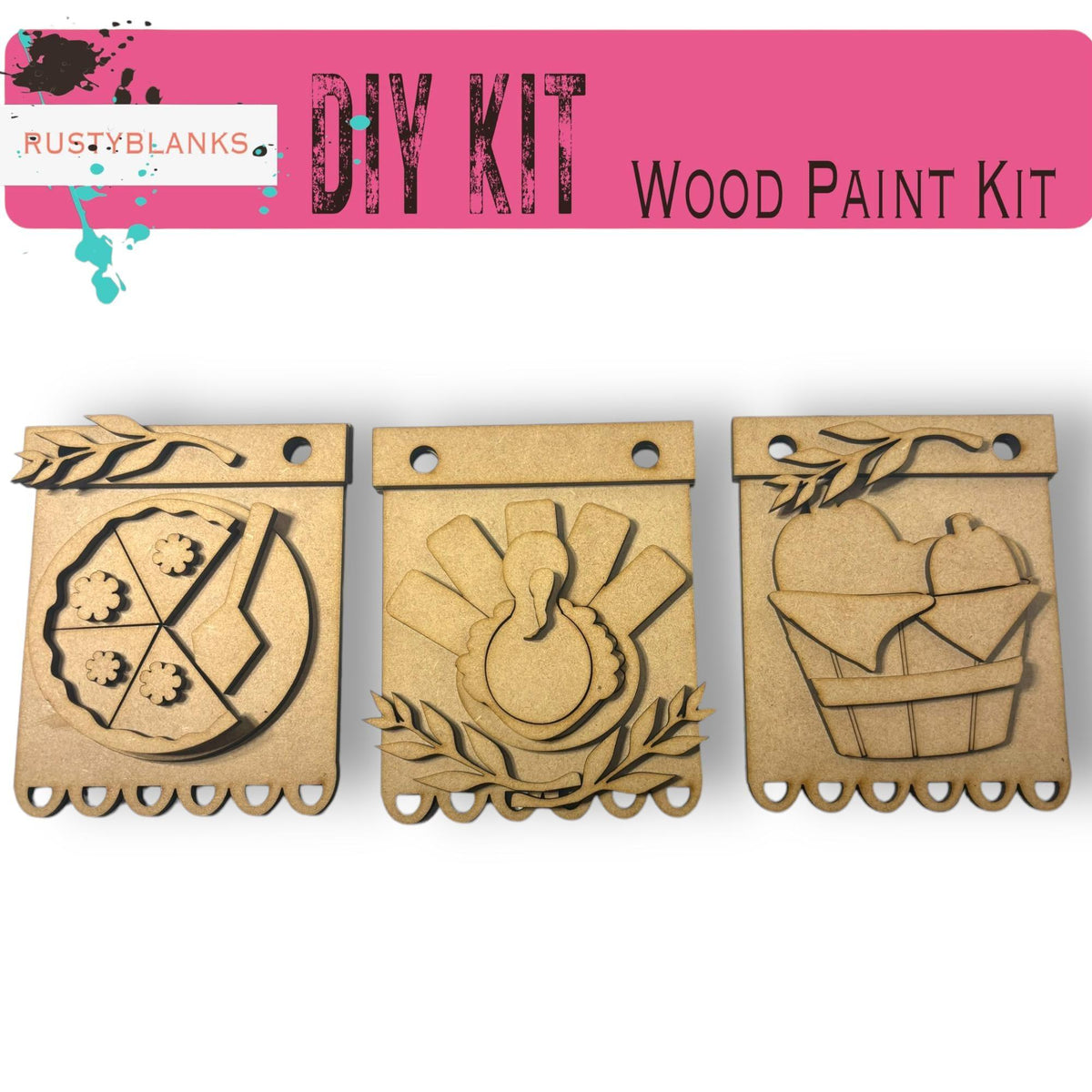 a set of three wooden cutouts with designs on them