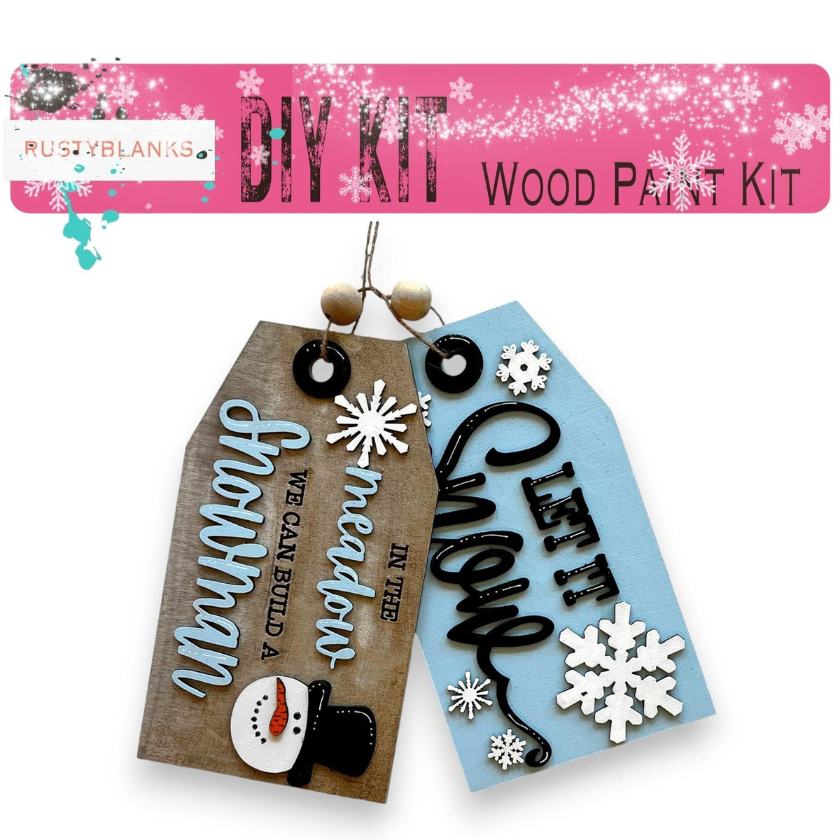 a pair of wooden tags with snowflakes on them