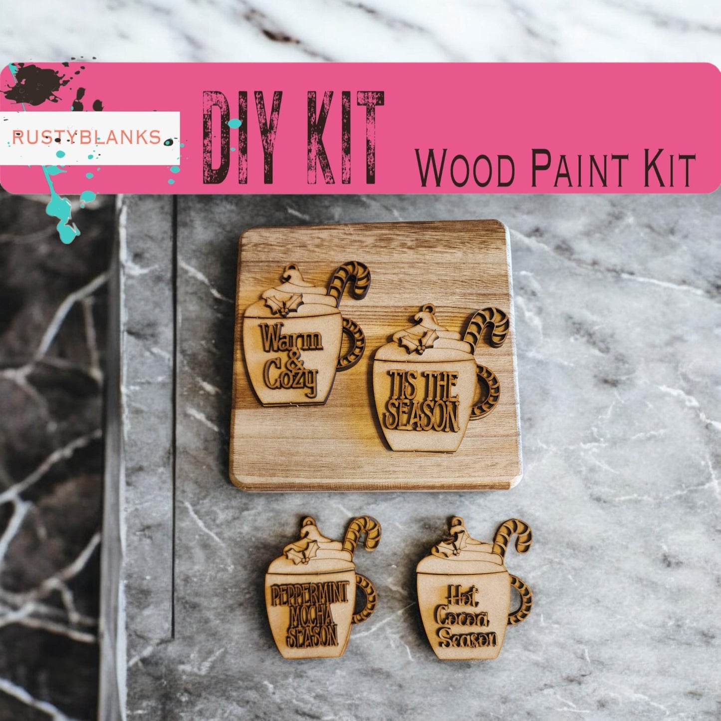 a wooden craft kit with three wooden cutouts of coffee cups