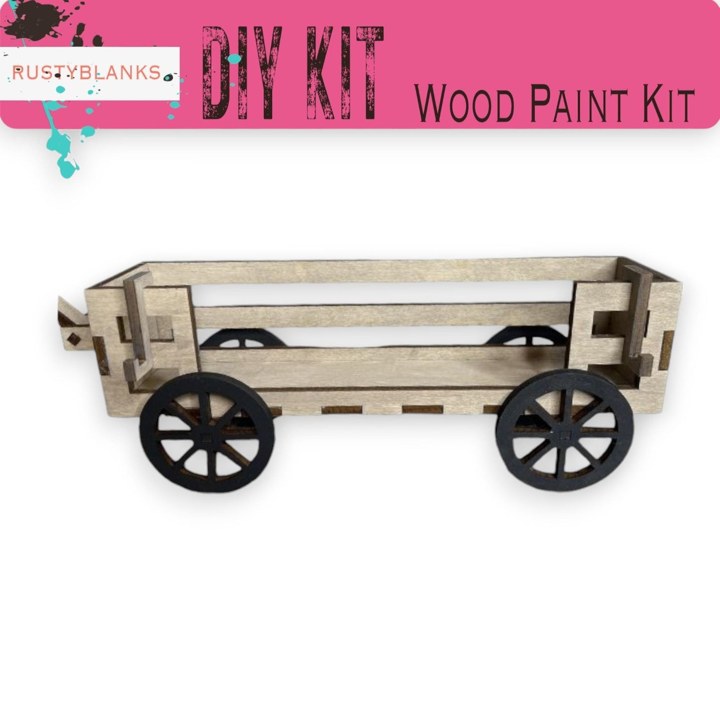 a wooden paint kit with wheels and a pink background