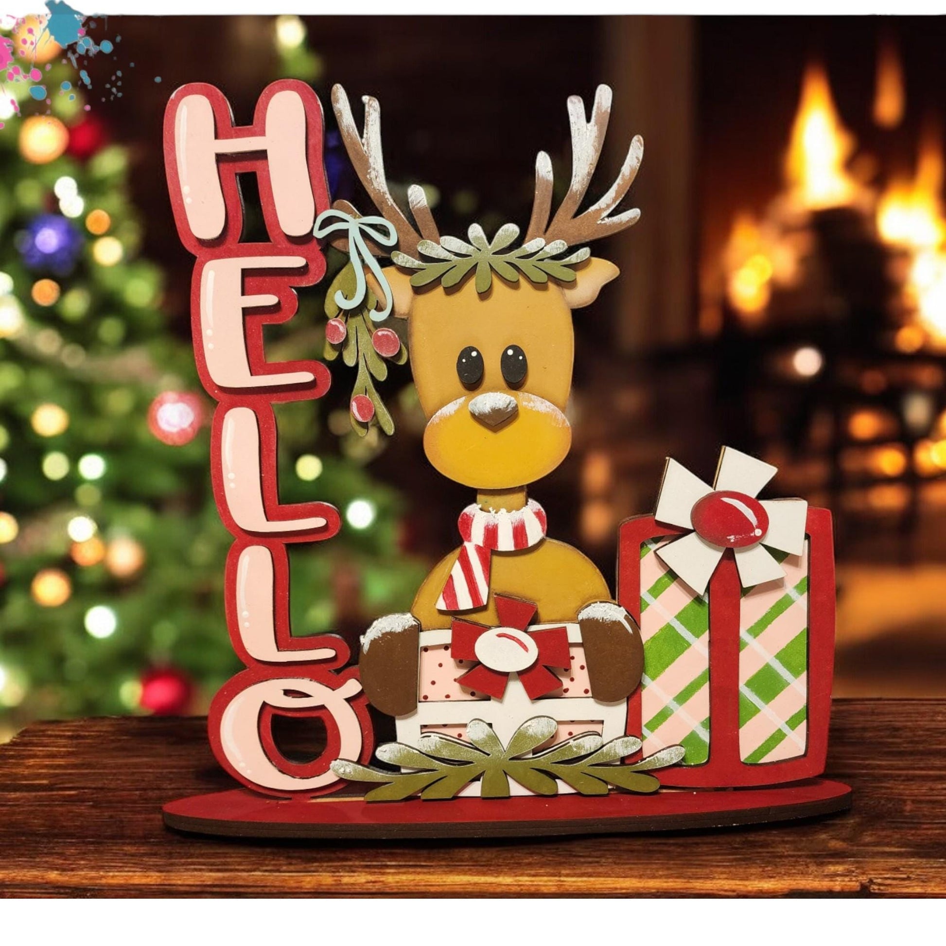 a christmas card with a reindeer and presents