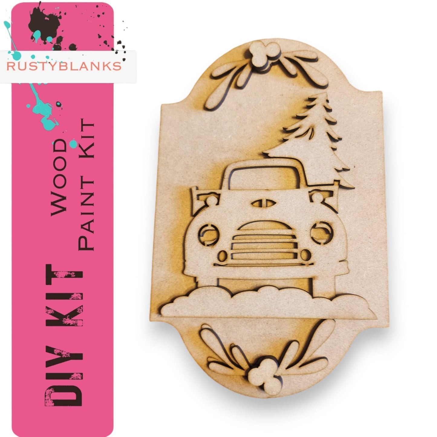 a wooden stamp of a truck with a christmas tree on it