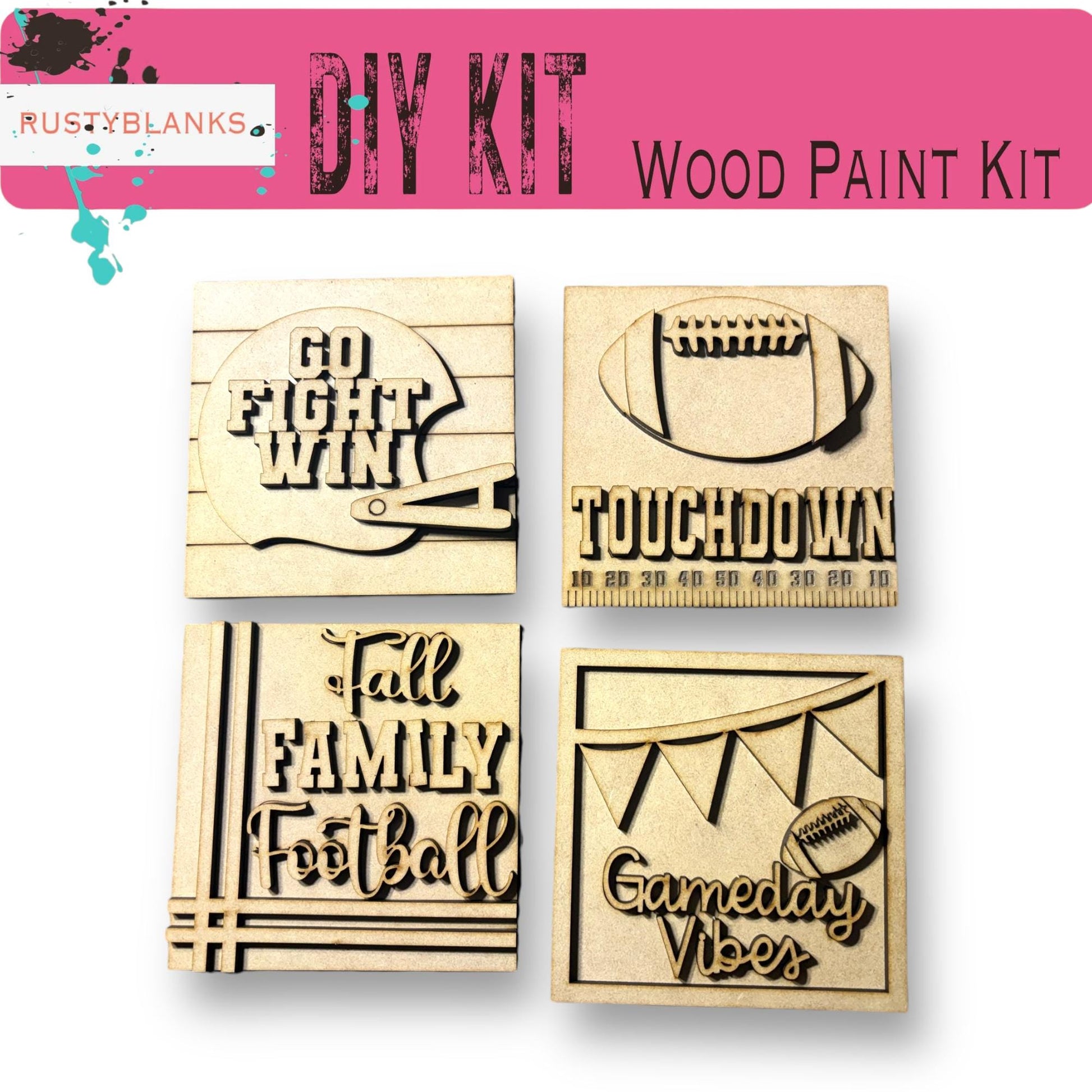 four wooden stamps with the words football and a football ball