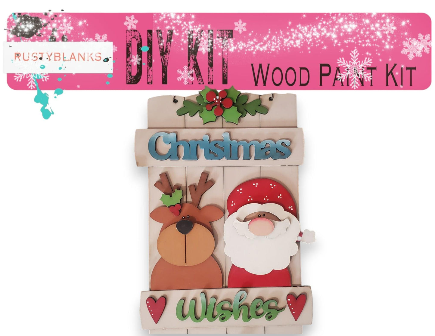 a wooden christmas decoration kit with santa and reindeer