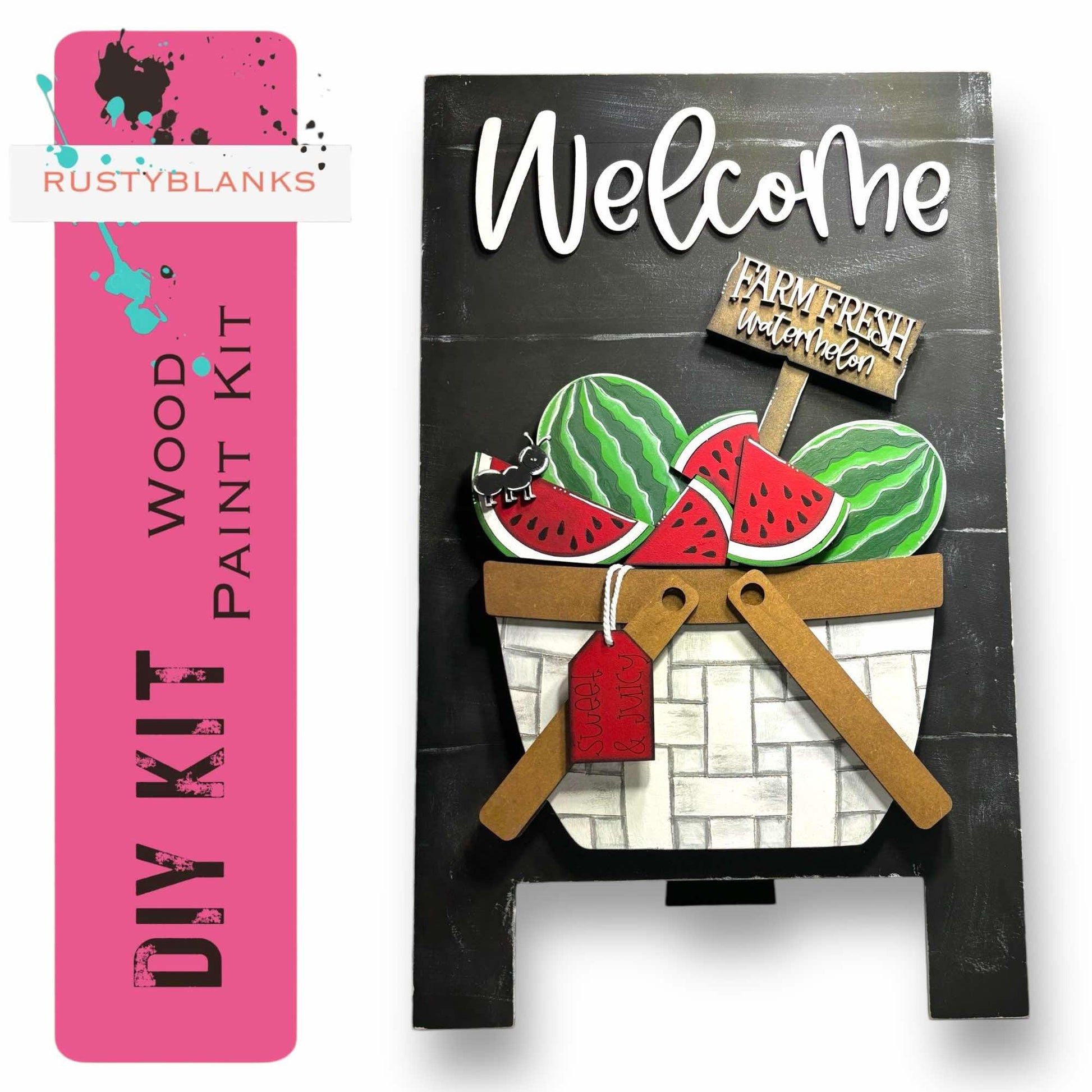 a welcome sign with a basket of watermelon