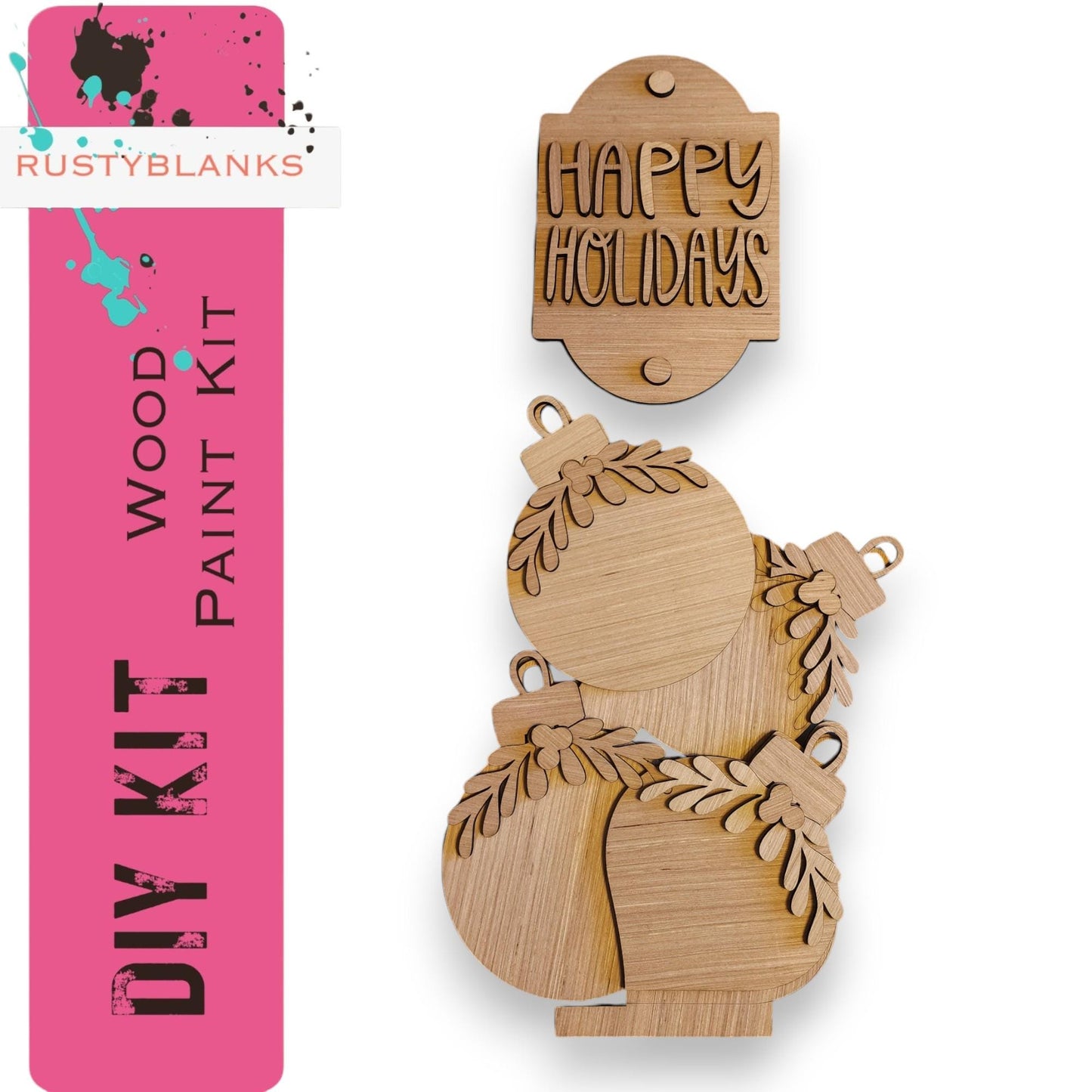 two wooden tags with happy holidays written on them