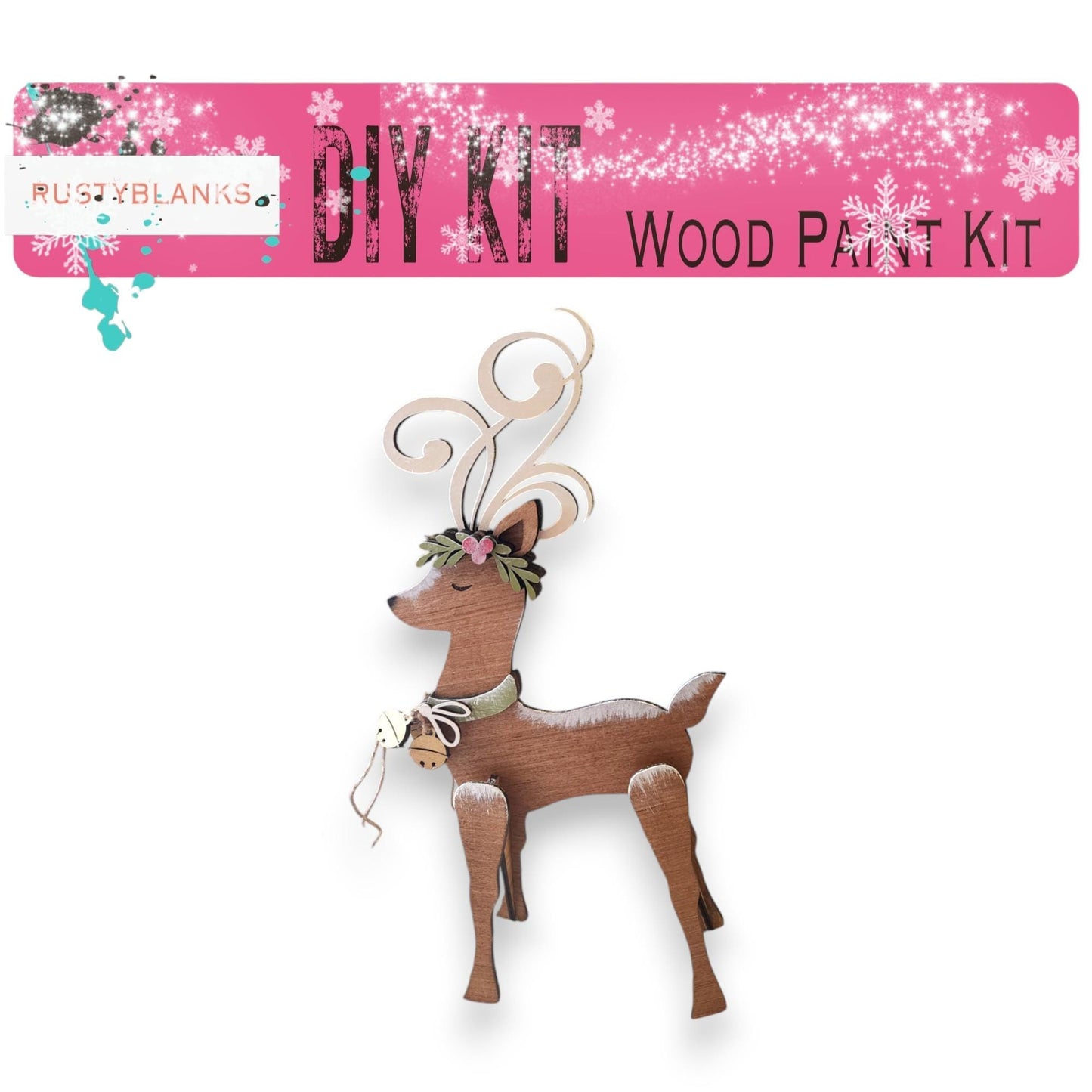 a wooden deer ornament with a ribbon around its neck