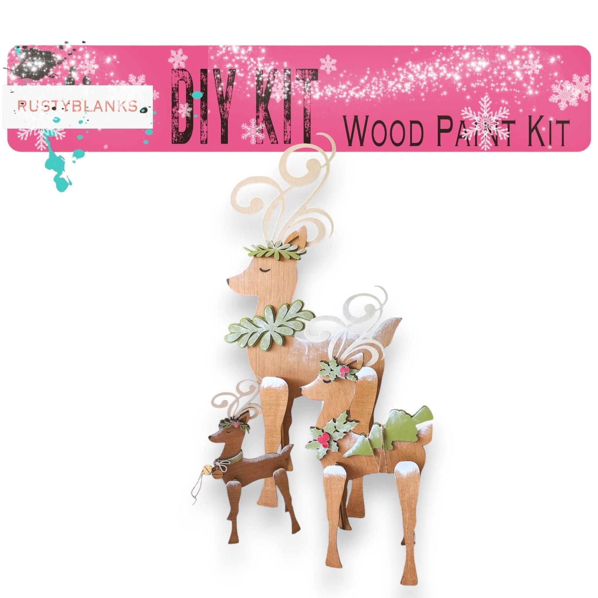 a group of wooden deer with flowers on their heads