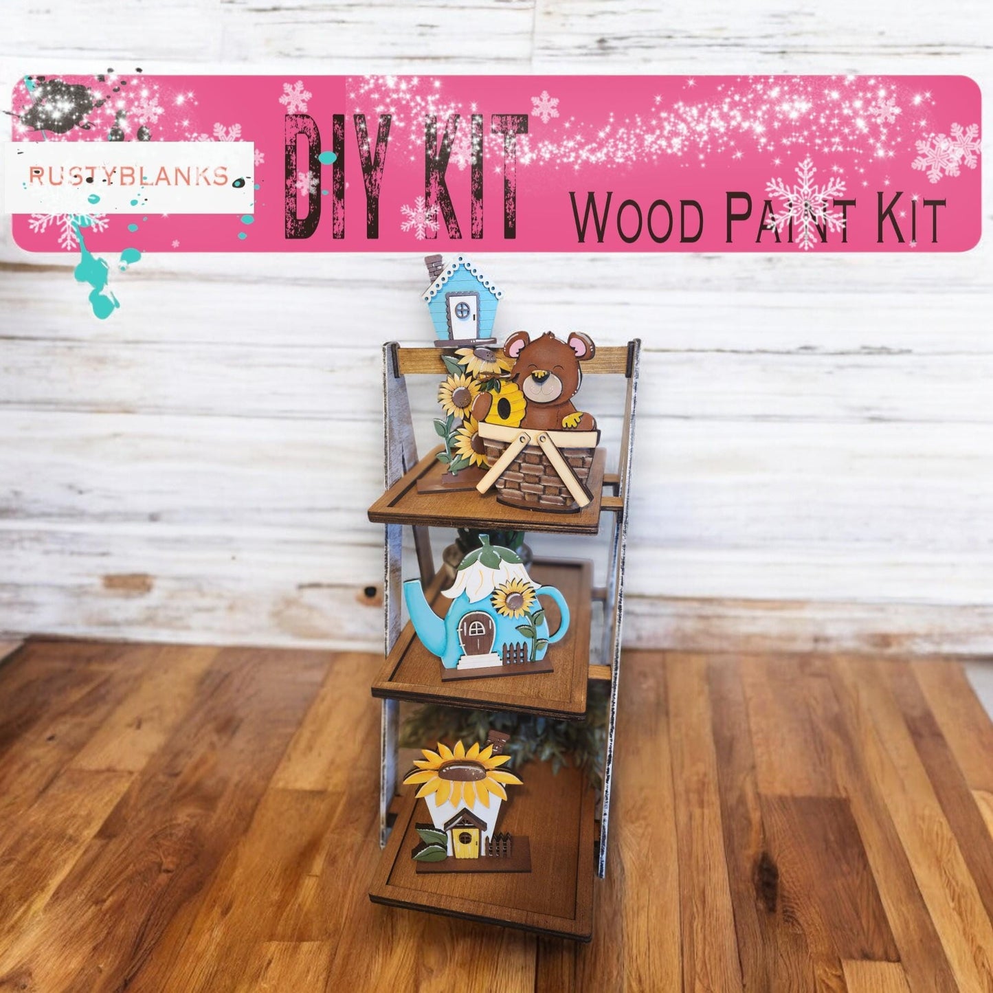 a wooden shelf with a bunch of items on top of it