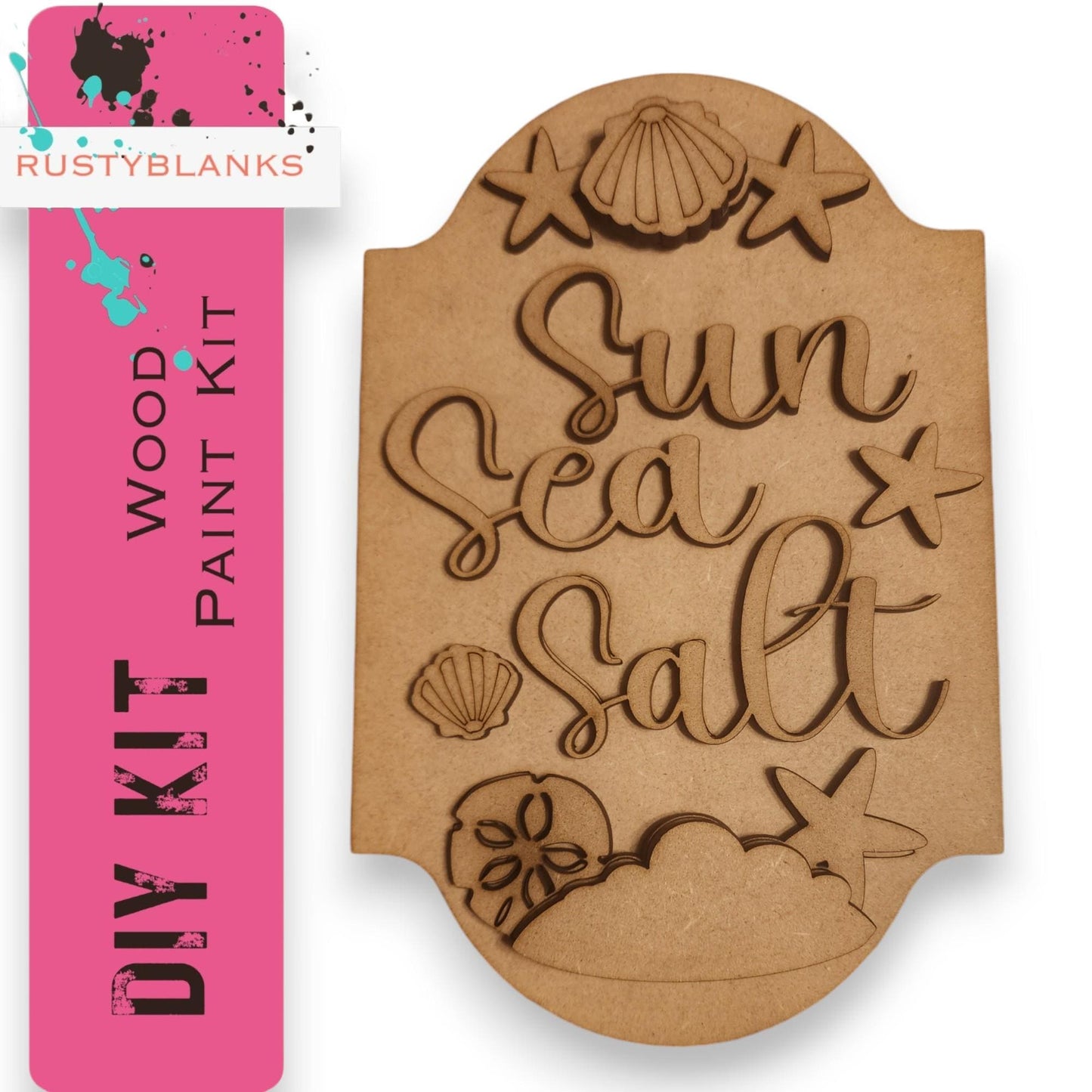 a wooden sign that says sun sea salt next to a pink ribbon