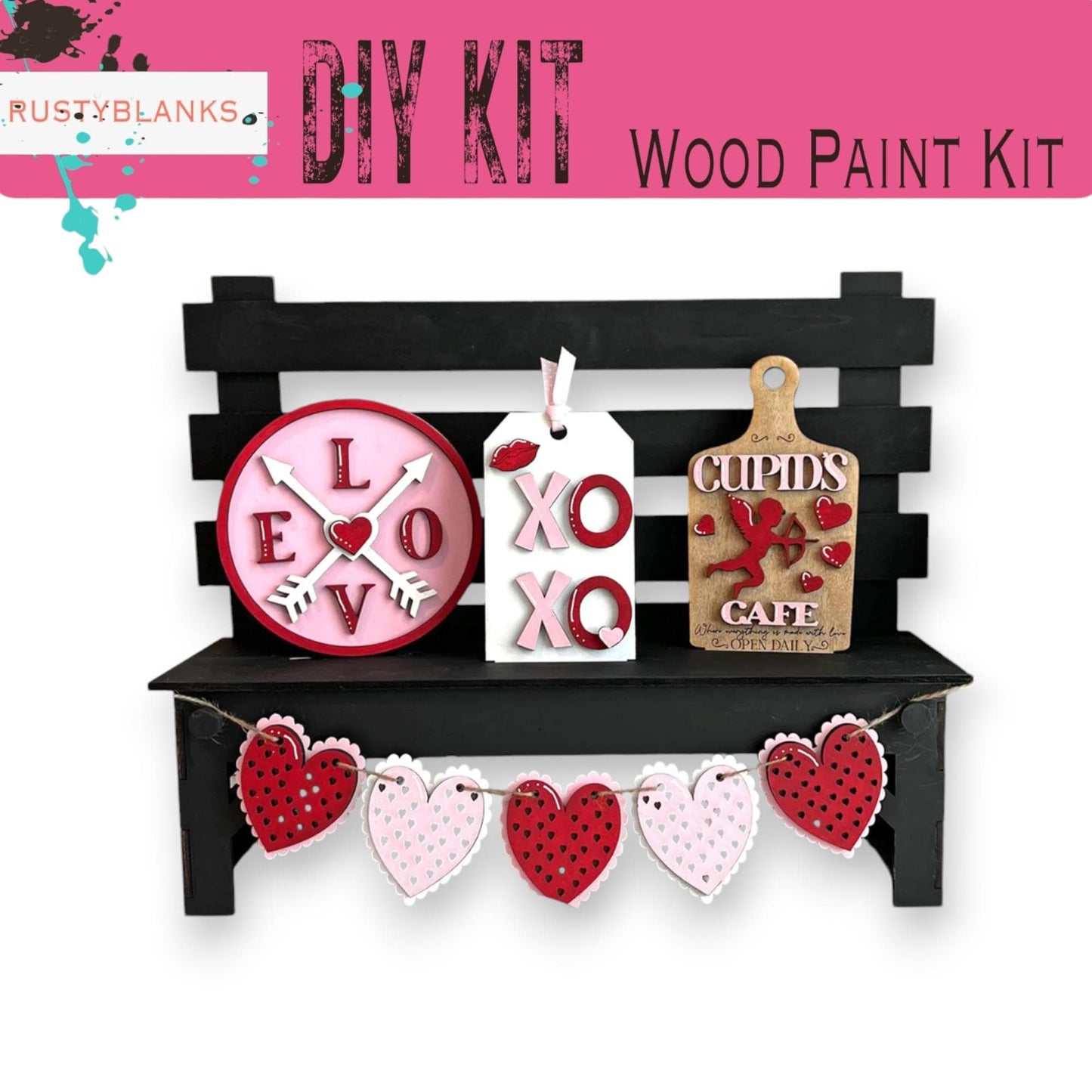 a wooden paint kit with hearts on a shelf