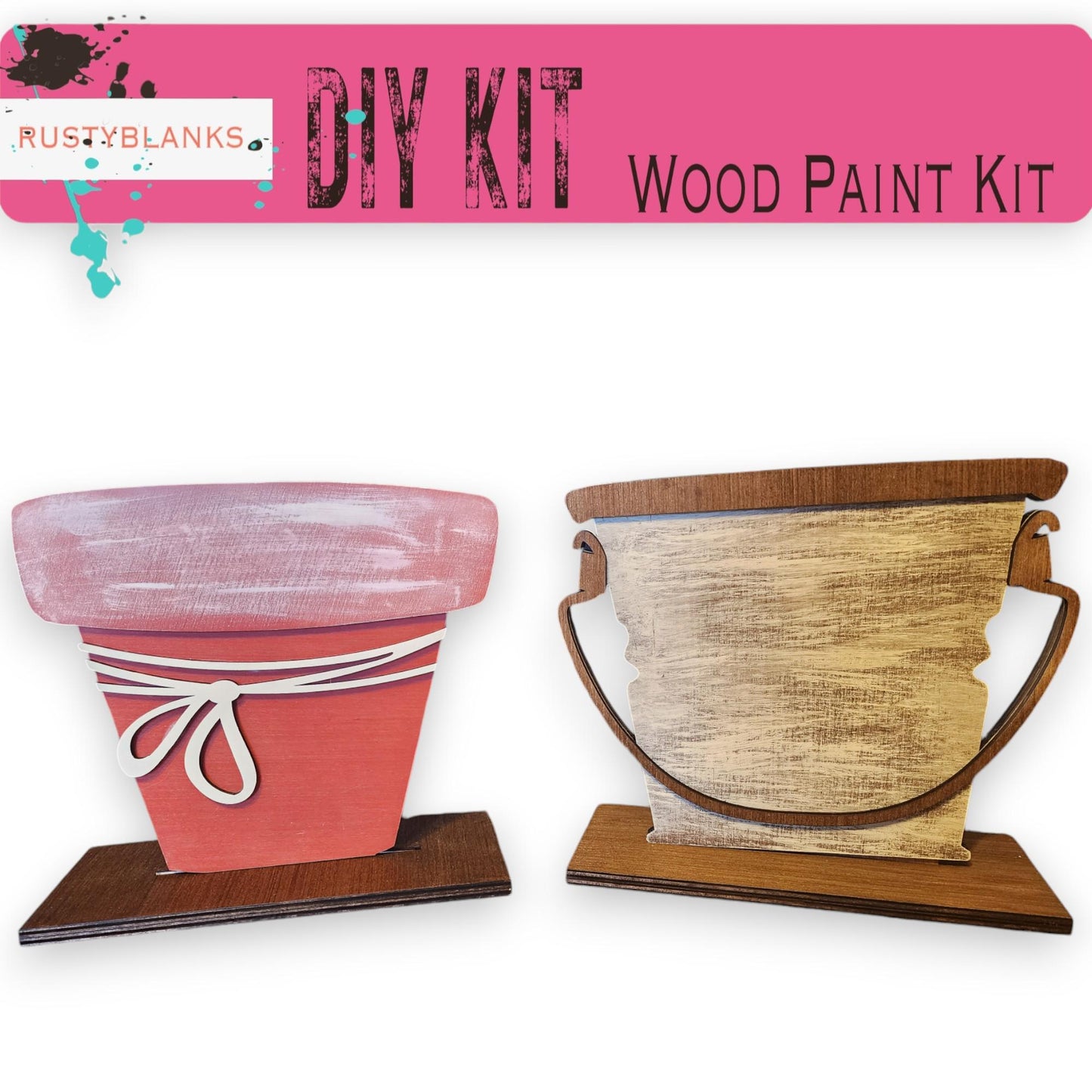 a wooden paint kit with a bucket and a cup