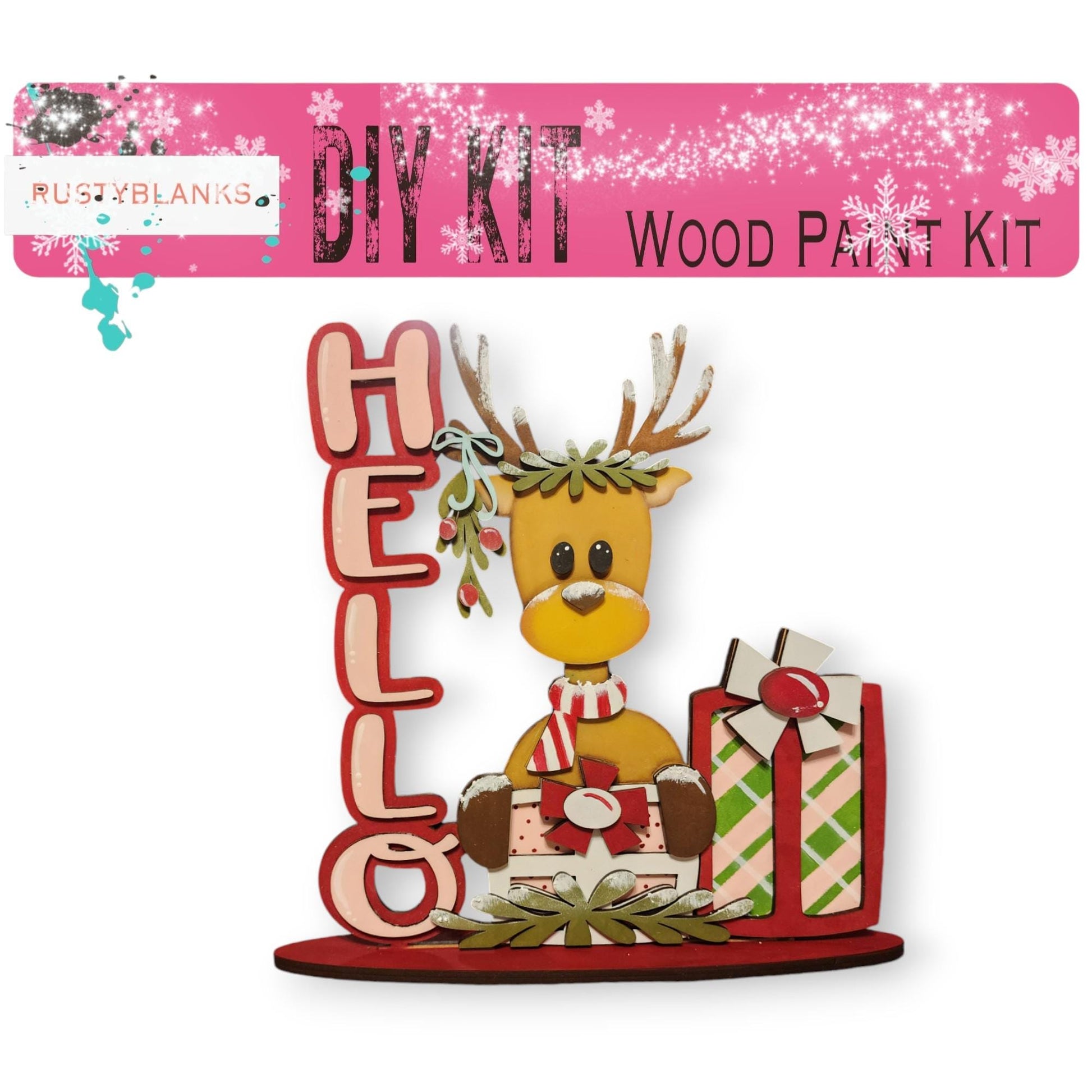 a wooden cutout of a reindeer with presents