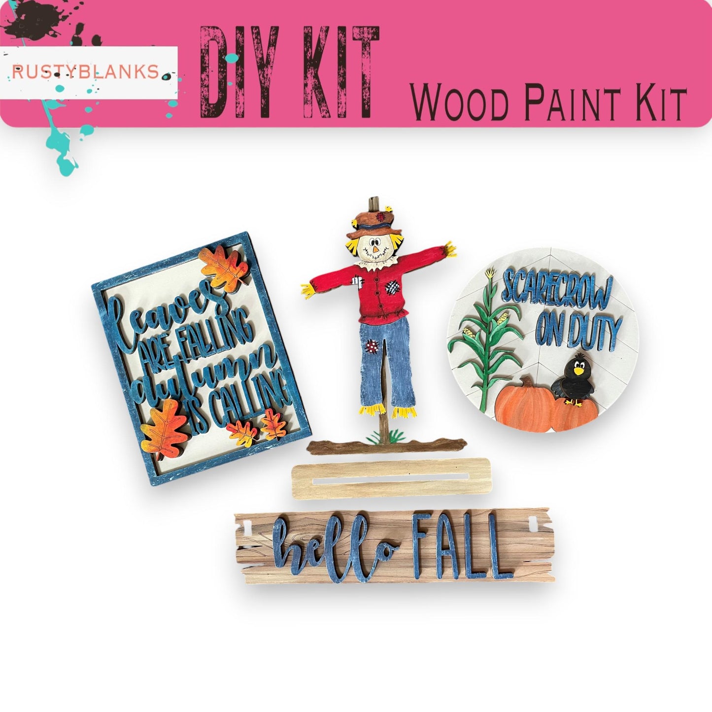 a picture of a wooden craft kit with a scarecrow