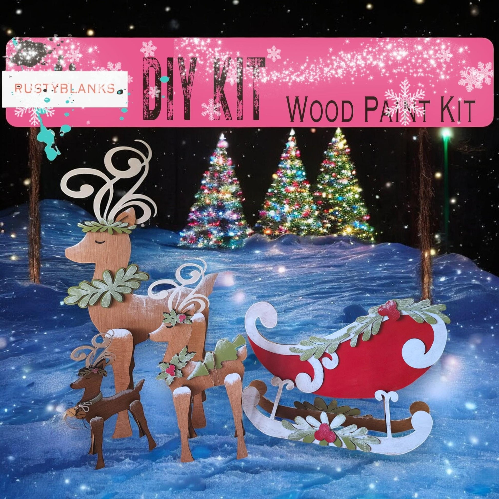 a christmas scene with a sleigh, reindeer, and a sleigh