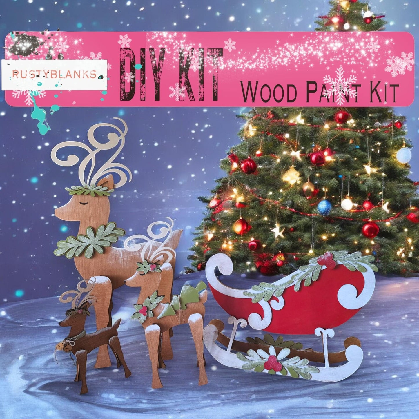 a christmas scene with a wooden reindeer and sleigh