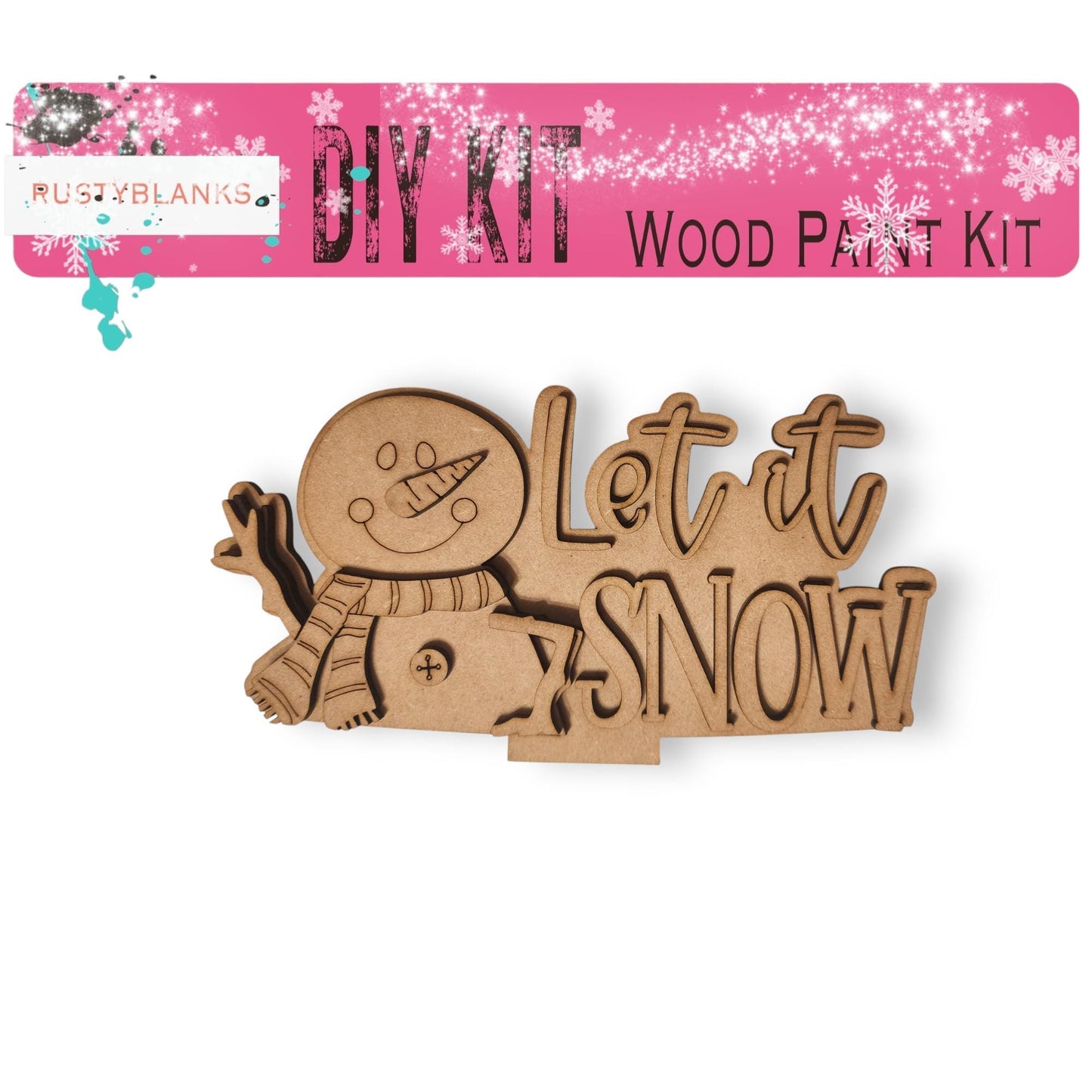 a wooden cutout of a snowman with the words let it snow