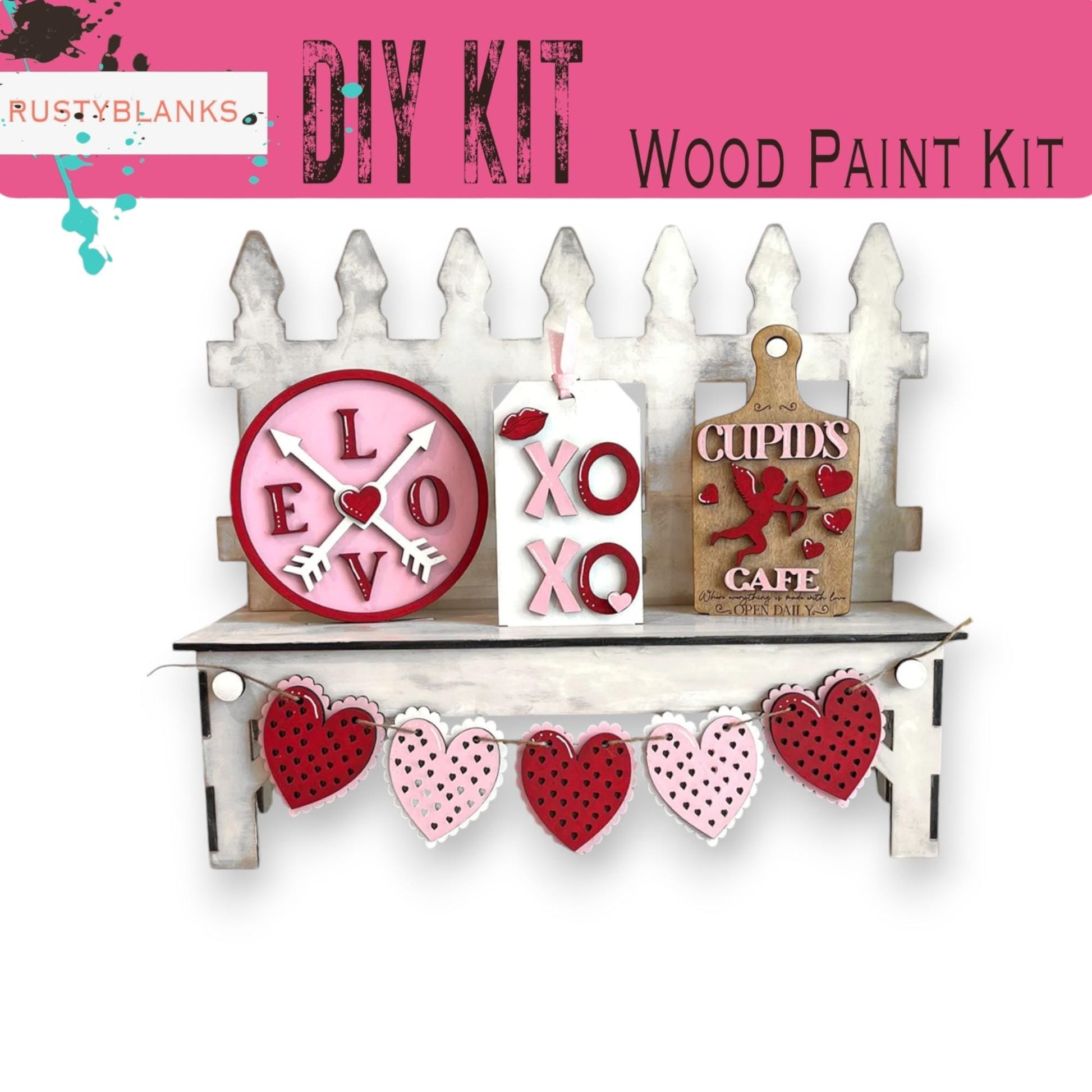 a wooden paint kit with hearts and a clock