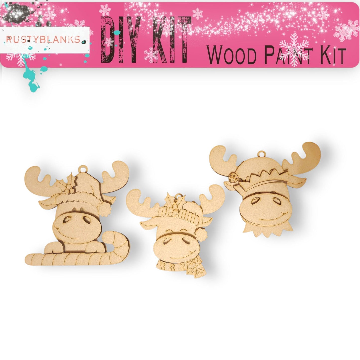 a pair of wooden cutouts of a moose wearing a hat