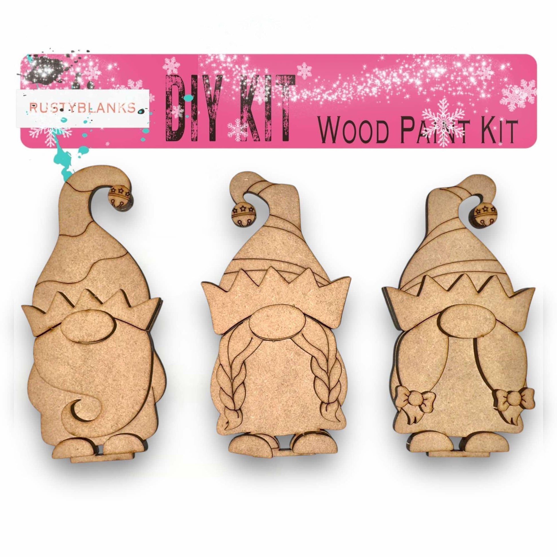 three wooden ornaments with a pink background