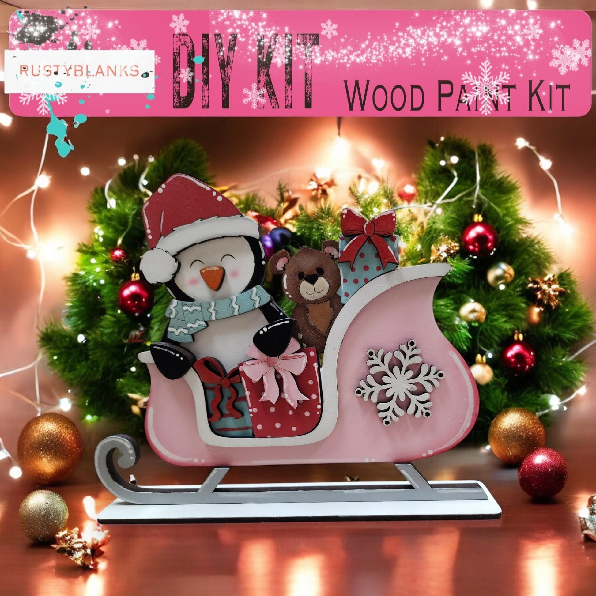 a christmas scene with a penguin and a bear in a sleigh