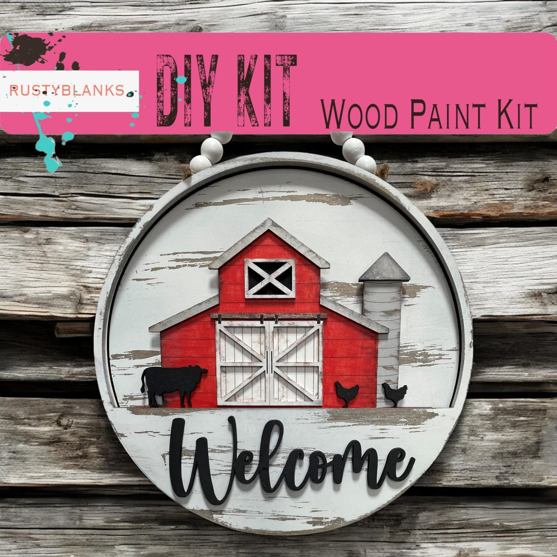 a sign that says diy kit with a barn and cows