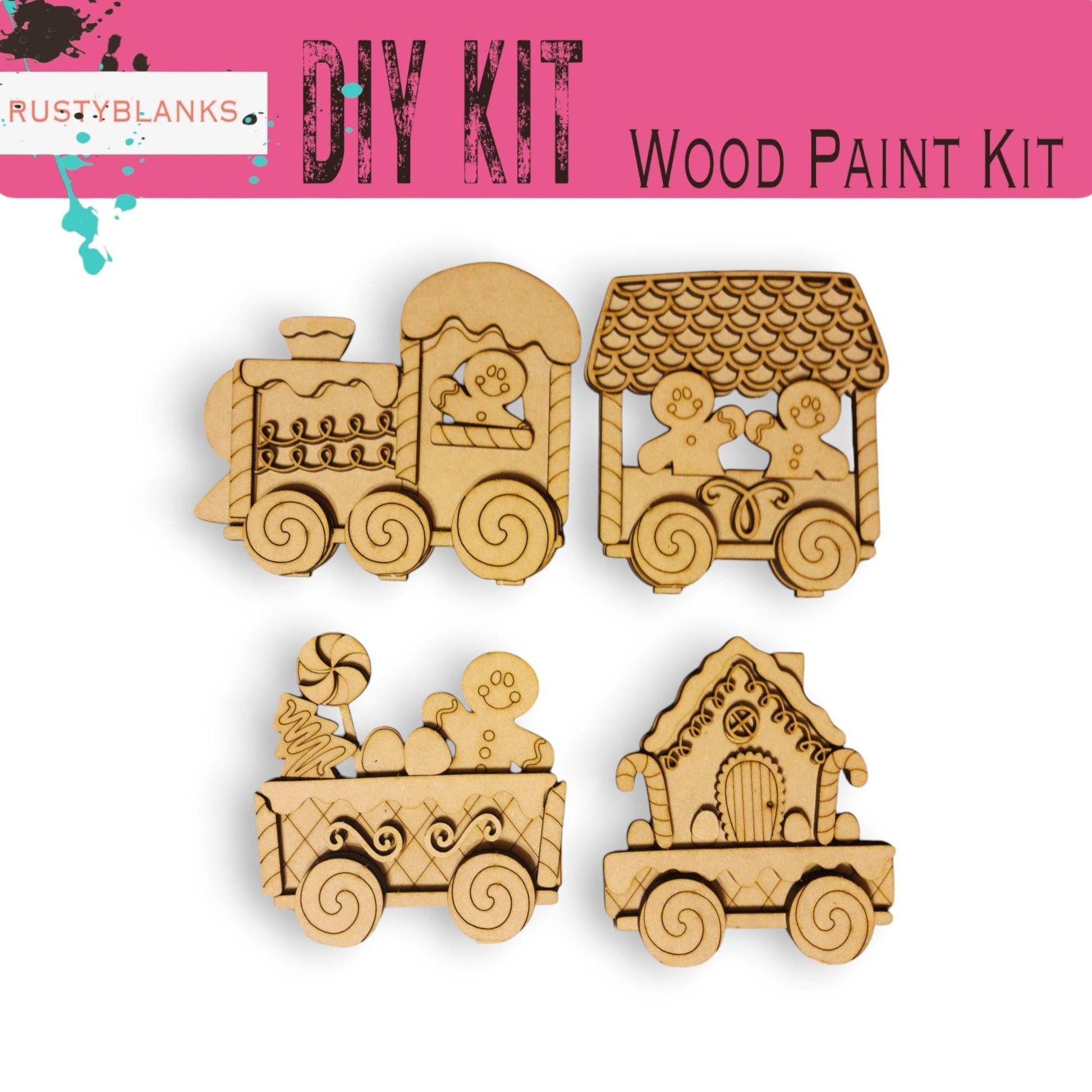 a wooden kit with a train and a house