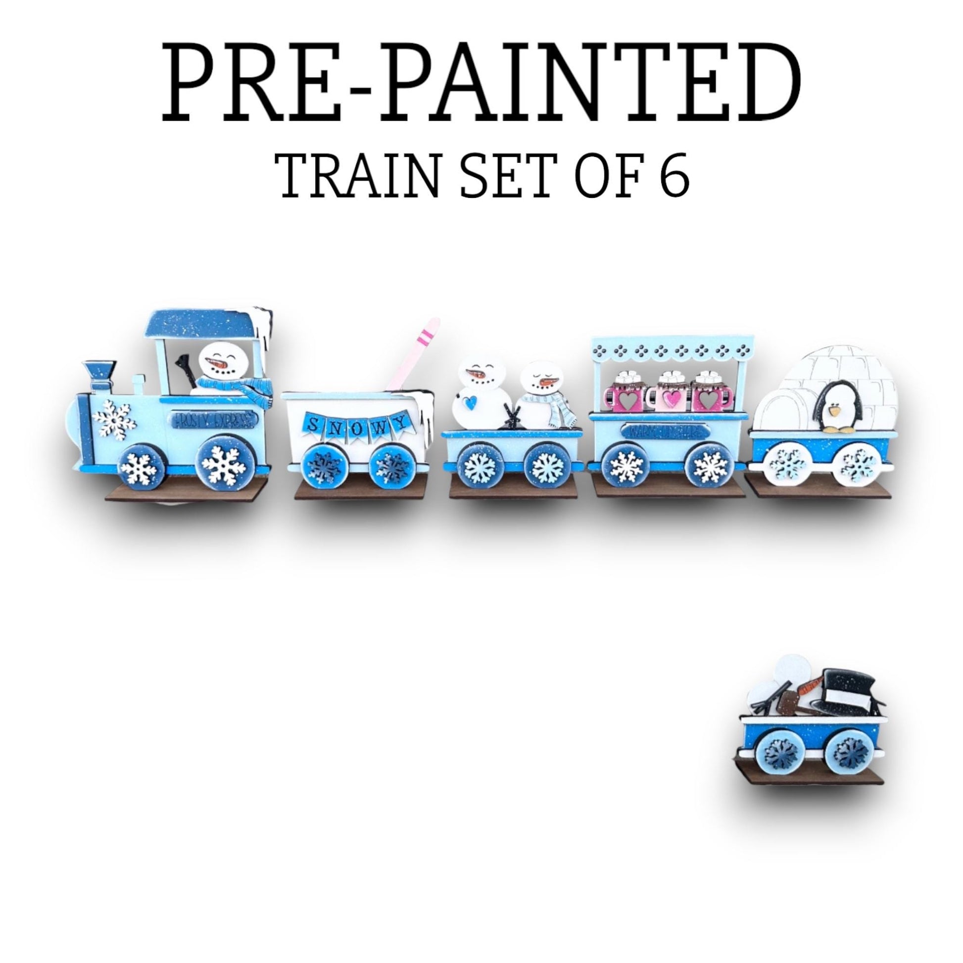 a blue train with a white background and a black and white picture of a train