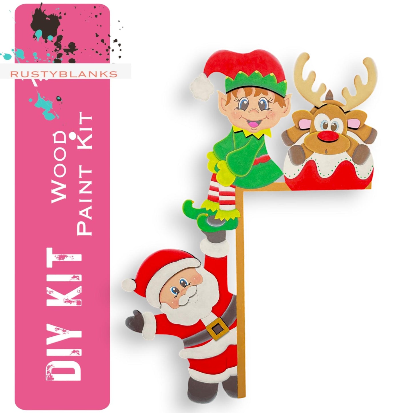 a wooden sign with a santa clause and a reindeer