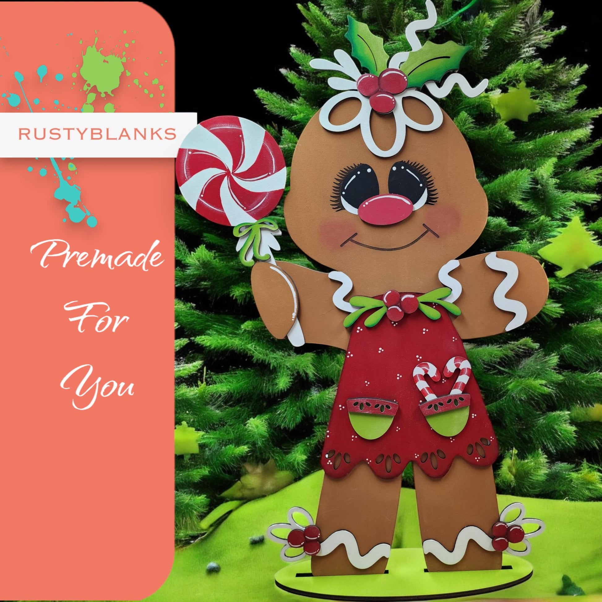 a christmas card with a ginger bear holding a candy cane