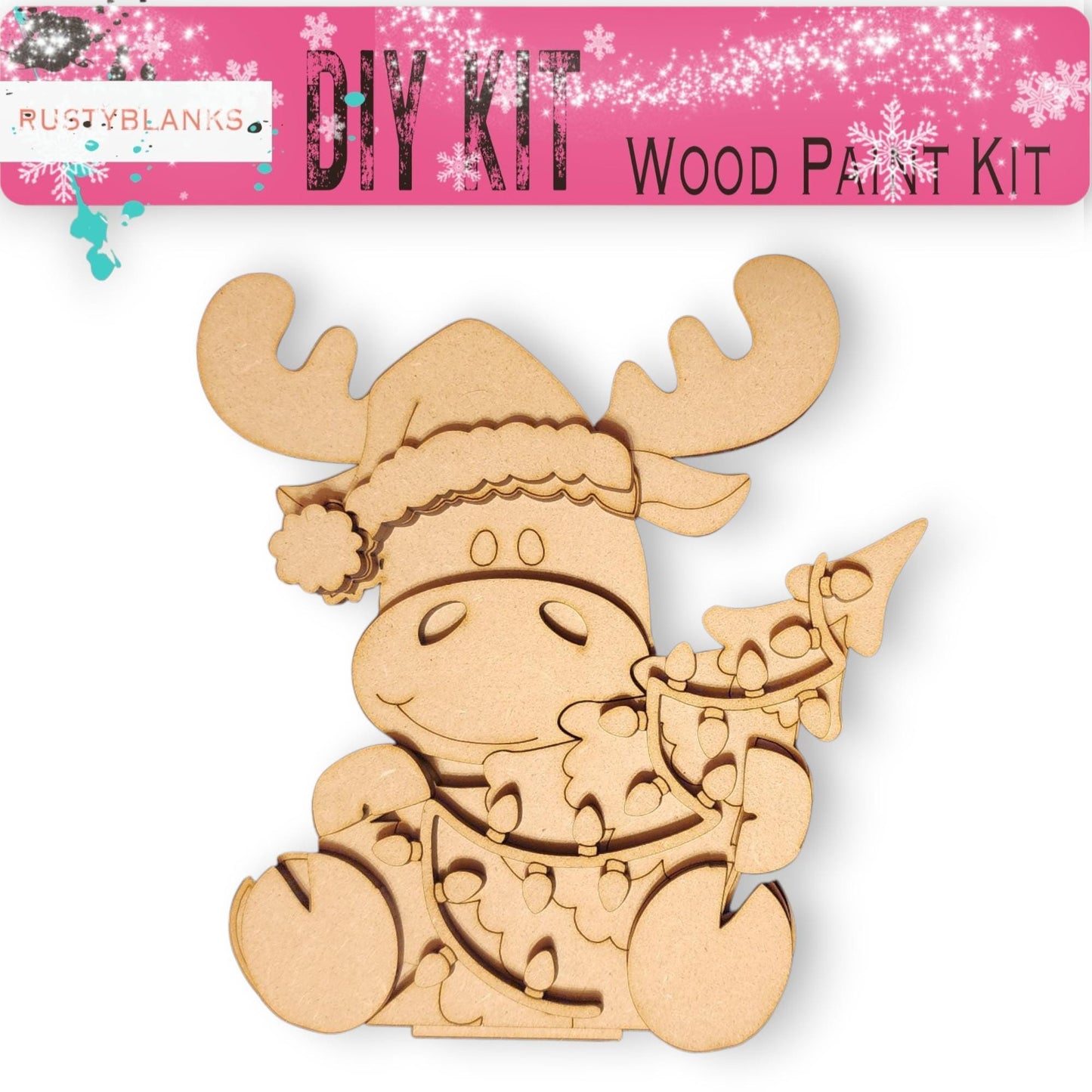 a wooden cutout of a moose with a santa hat