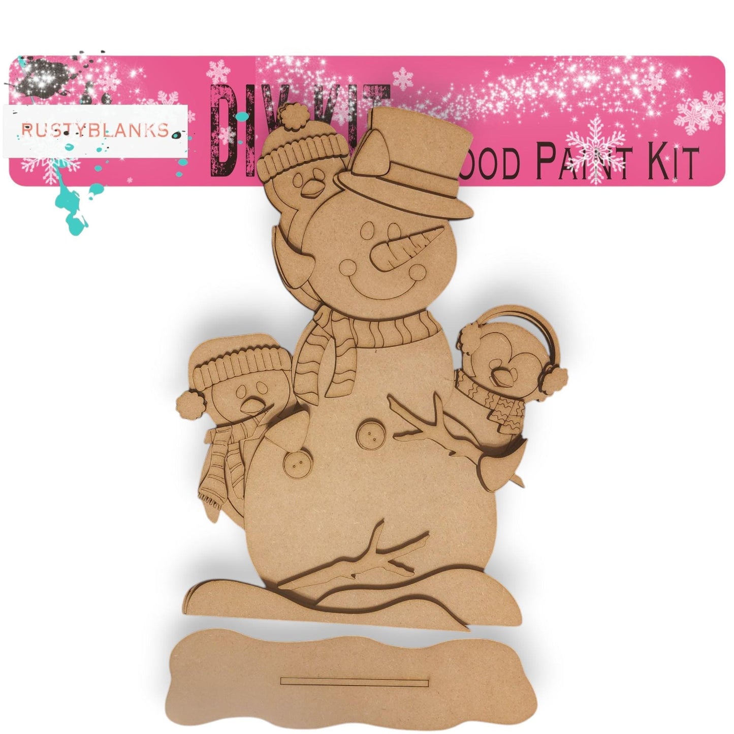 a wooden cutout of a snowman holding a baby