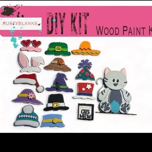 Interchangeable Cat with 13 Seasonal Hats, Insert and tile holder, Season DIY Decor - RusticFarmhouseDecor