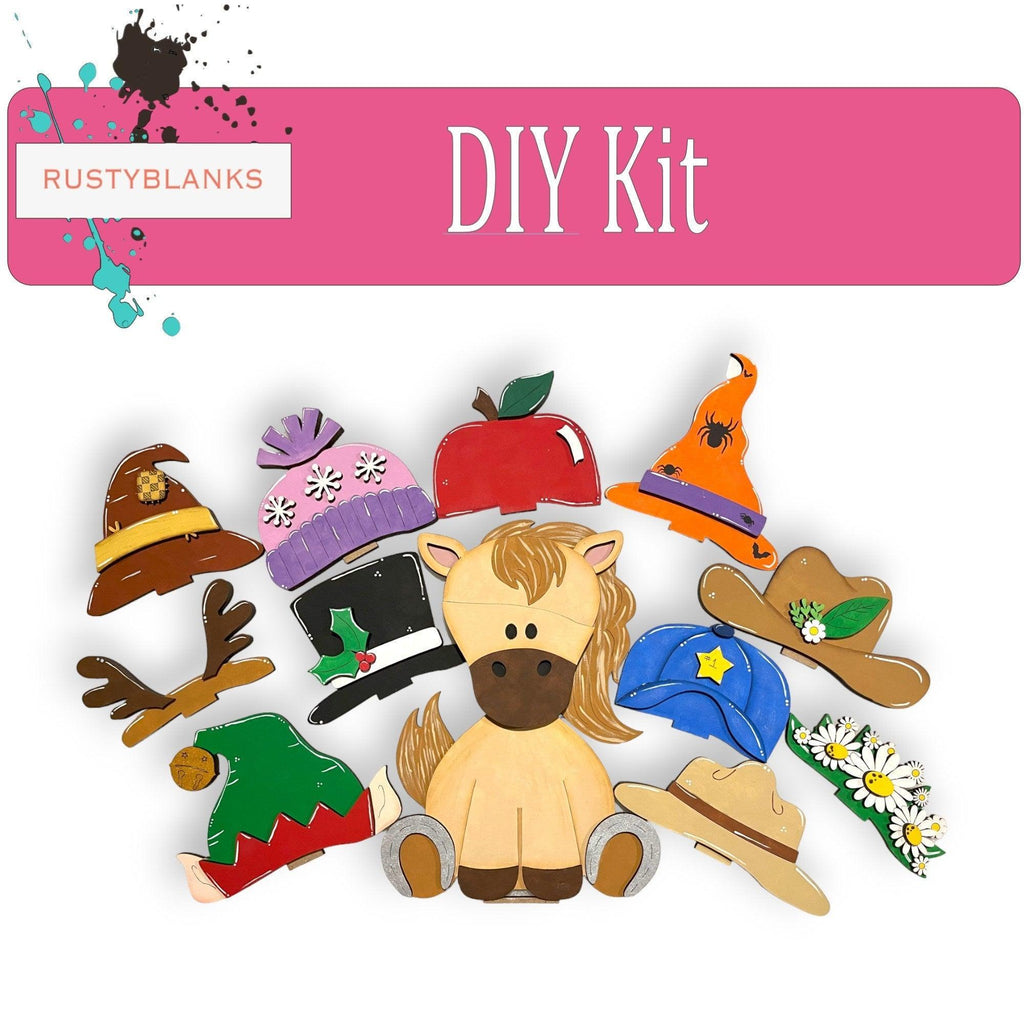Interchangeable Horse with 11 Seasonal Hats, Insert and tile holder, Season DIY Decor - RusticFarmhouseDecor