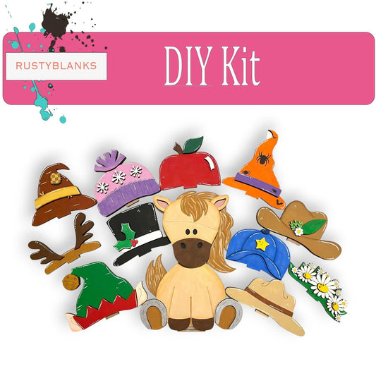 Interchangeable Horse with 11 Seasonal Hats, Insert and tile holder, Season DIY Decor - RusticFarmhouseDecor
