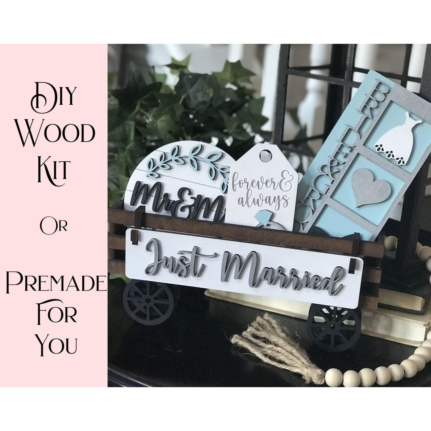 Just Married Wagon/Raised Shelf Insert Set - RusticFarmhouseDecor