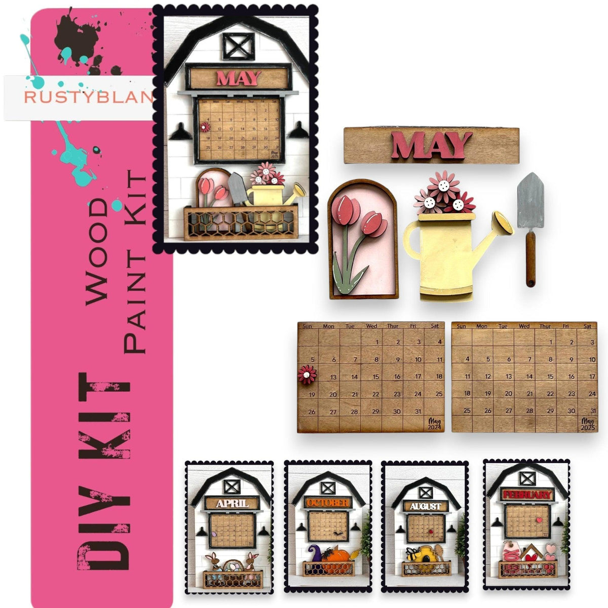 a wooden calendar with a pink border around it