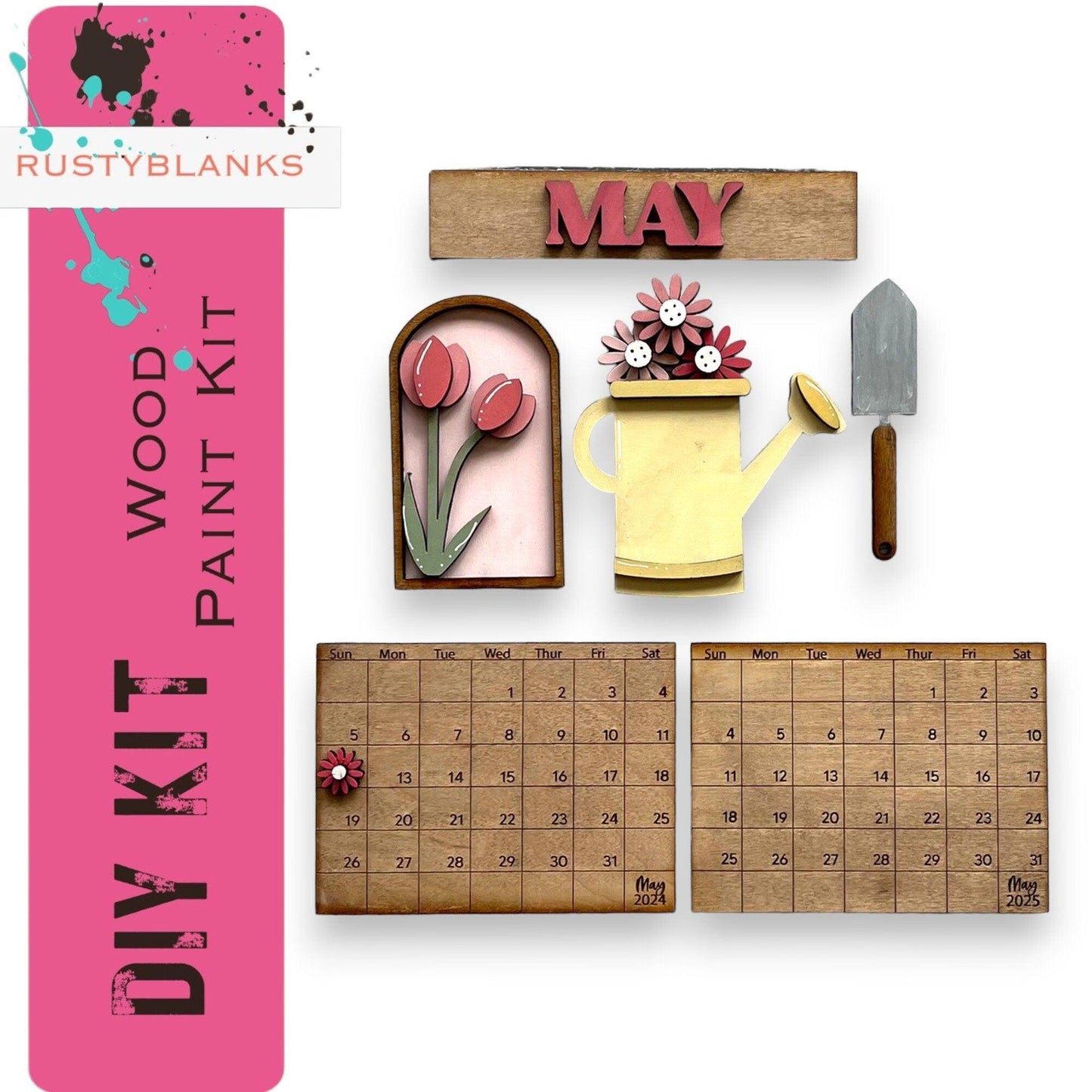 a wooden calendar with flowers and gardening tools