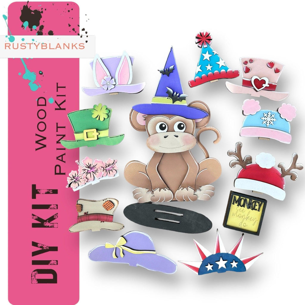 Monkey with 12 Interchangeable Seasonal Hats, Insert and tile holder, Season DIY Decor - RusticFarmhouseDecor