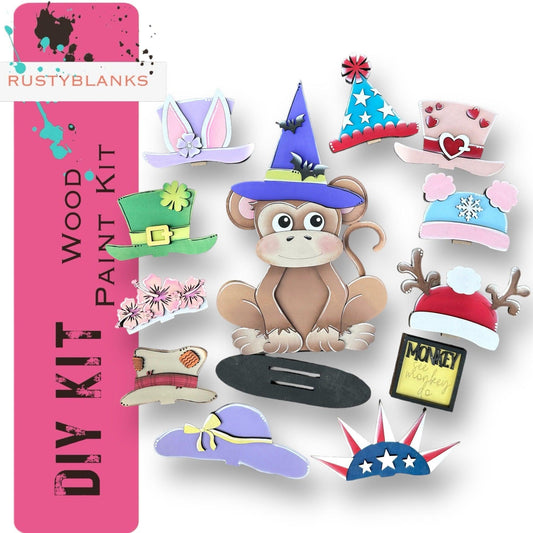 Monkey with 12 Interchangeable Seasonal Hats, Insert and tile holder, Season DIY Decor - RusticFarmhouseDecor