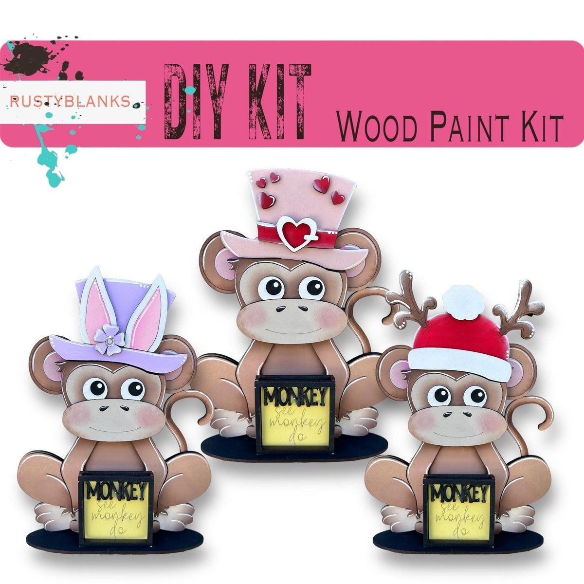 Monkey with 12 Interchangeable Seasonal Hats, Insert and tile holder, Season DIY Decor - RusticFarmhouseDecor