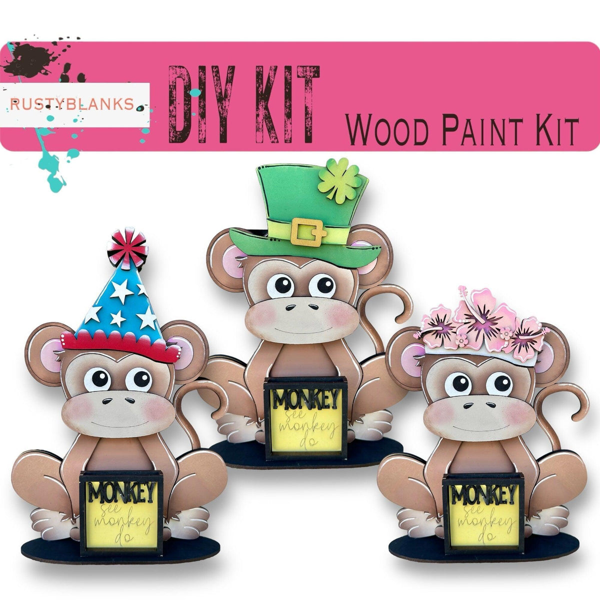 Monkey with 12 Interchangeable Seasonal Hats, Insert and tile holder, Season DIY Decor - RusticFarmhouseDecor