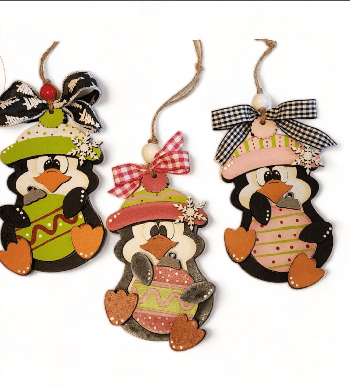 Premade Christmas Penguin Ornaments Green Hat - RusticFarmhouseDecor