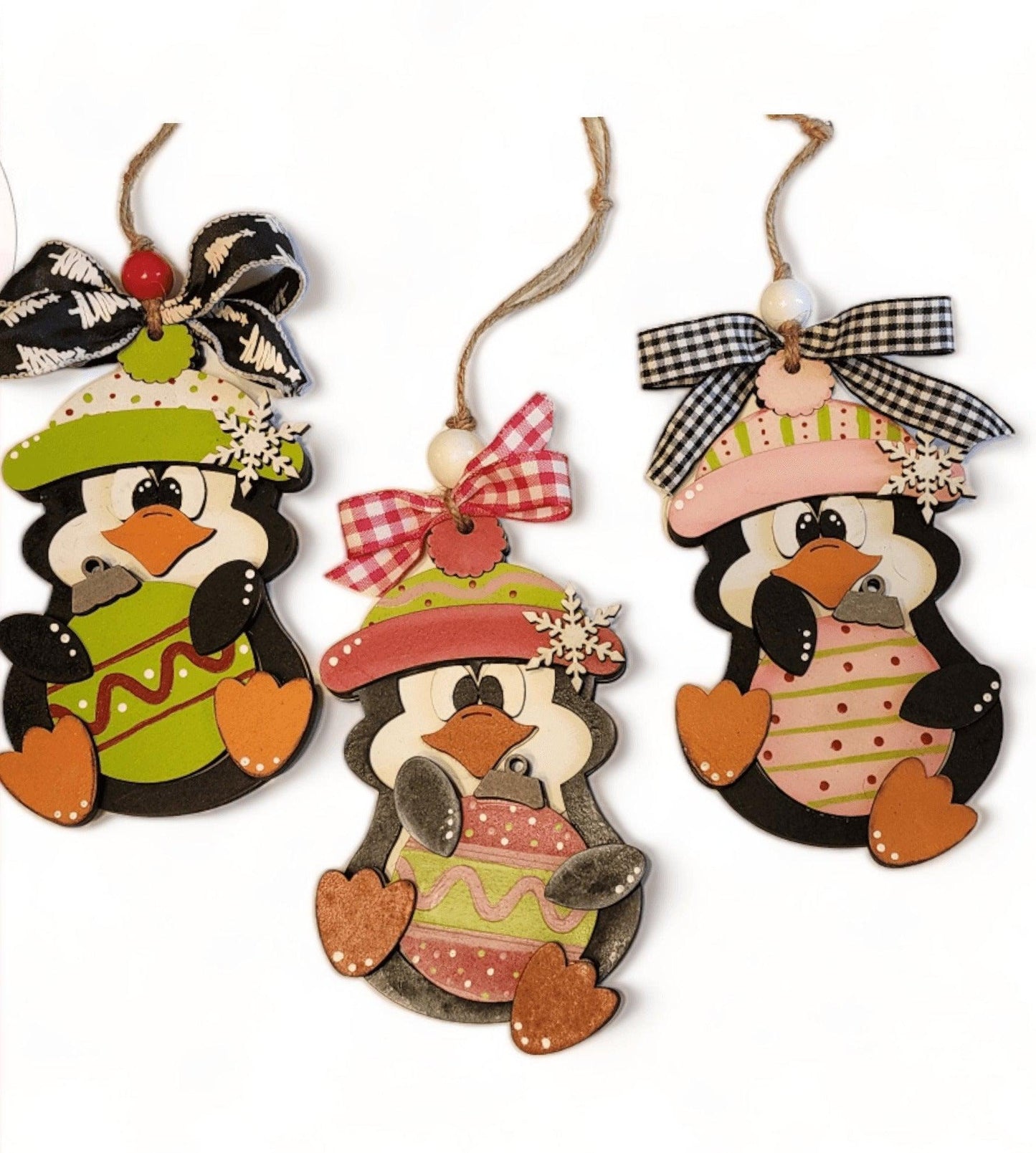 Premade Christmas Penguin Ornaments Light Pink Hat - RusticFarmhouseDecor